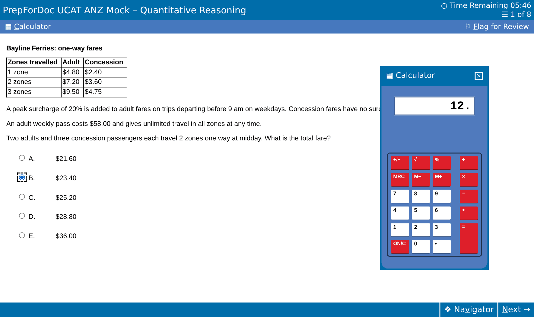 A Quantitative Reasoning question on the PrepForDoc exam screen with the on-screen calculator open.