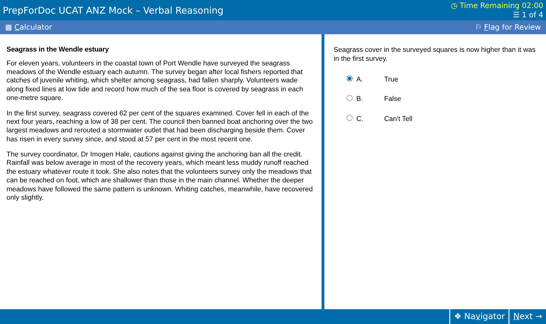 A Verbal Reasoning question on the PrepForDoc exam screen, with the passage on the left and the question on the right.