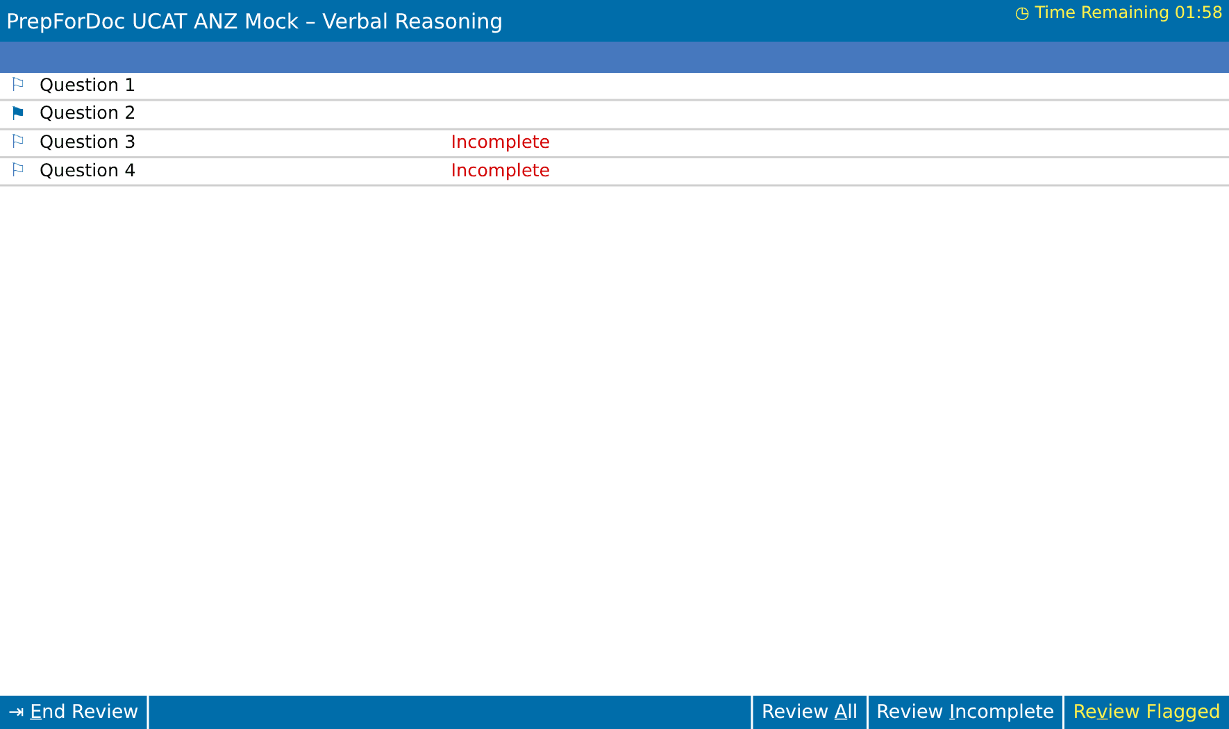 The PrepForDoc review screen listing four questions, one flagged and two incomplete.